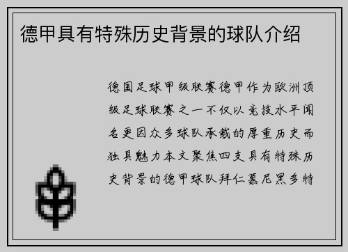 德甲具有特殊历史背景的球队介绍