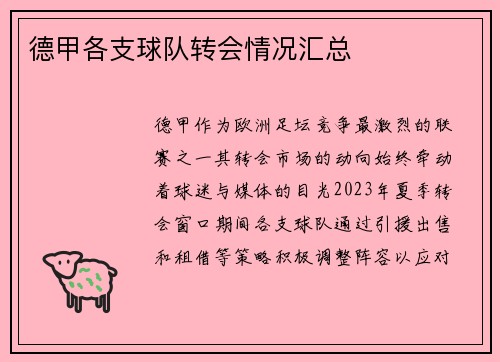 德甲各支球队转会情况汇总